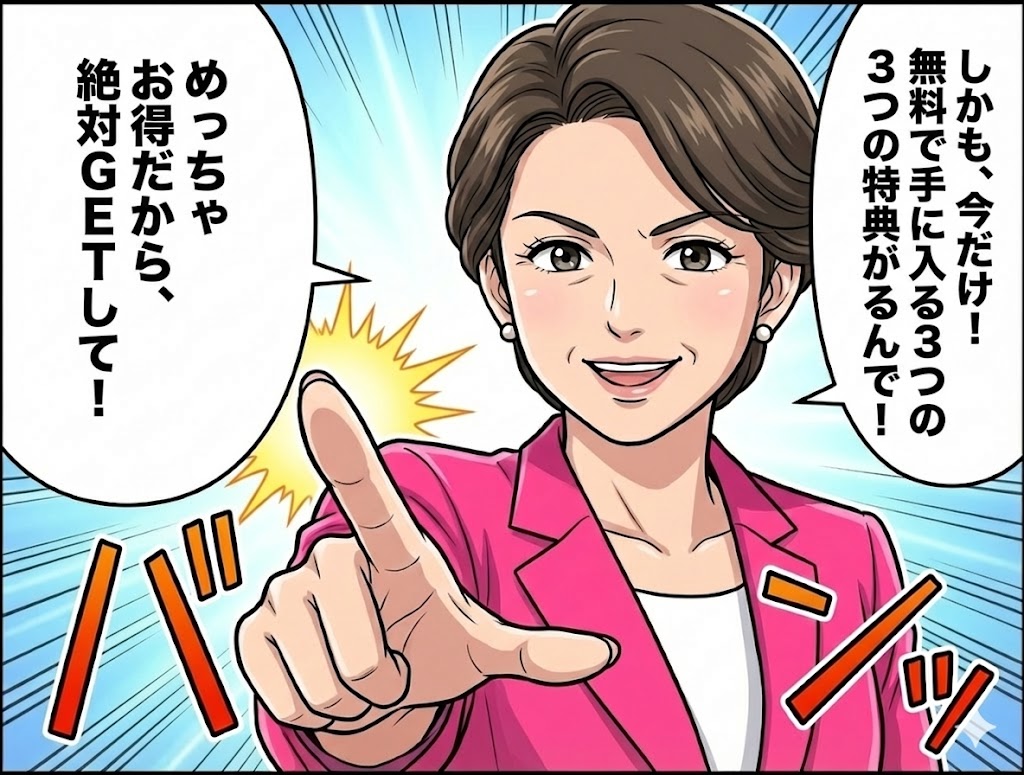 しかも、今だけ!無料で手に入る3つの特典があるんです!